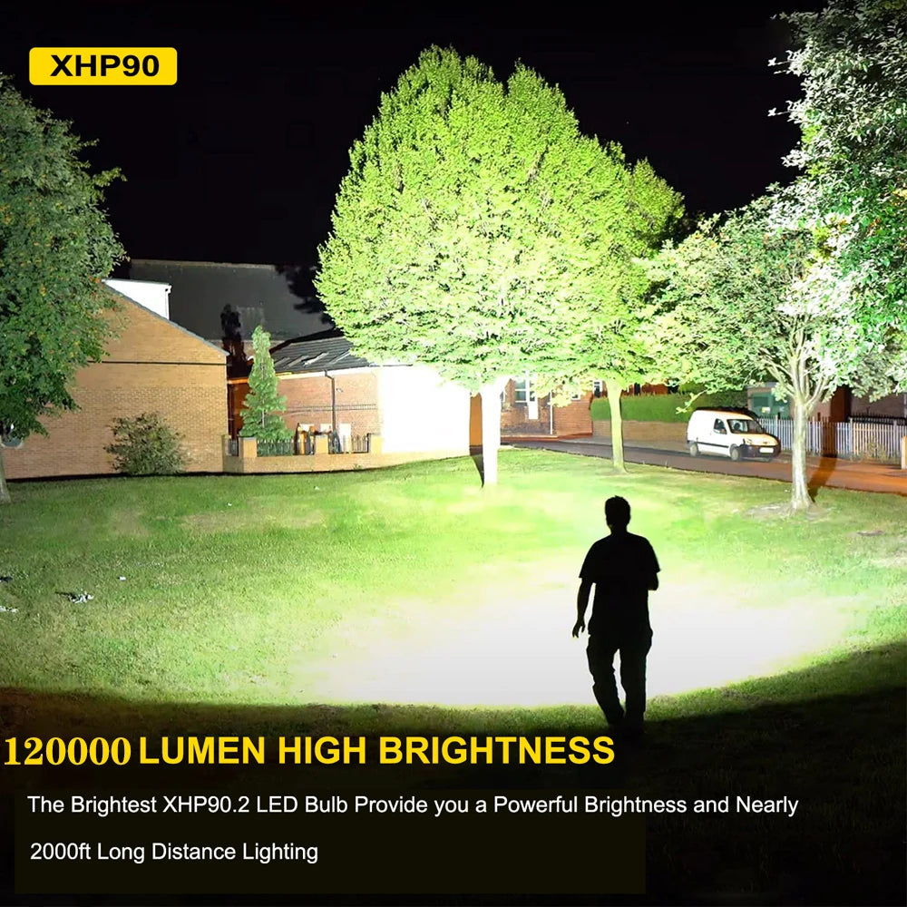 90000 Lumens XHP90 LED Tactical Flashlight – Rechargeable USB Zoomable 7-Mode Torch