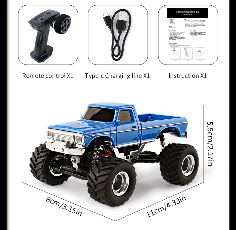 1:36 4WD Mini RC Off-Road Crawler Car with LED Lights – Remote Control Toy for Kids & Adults