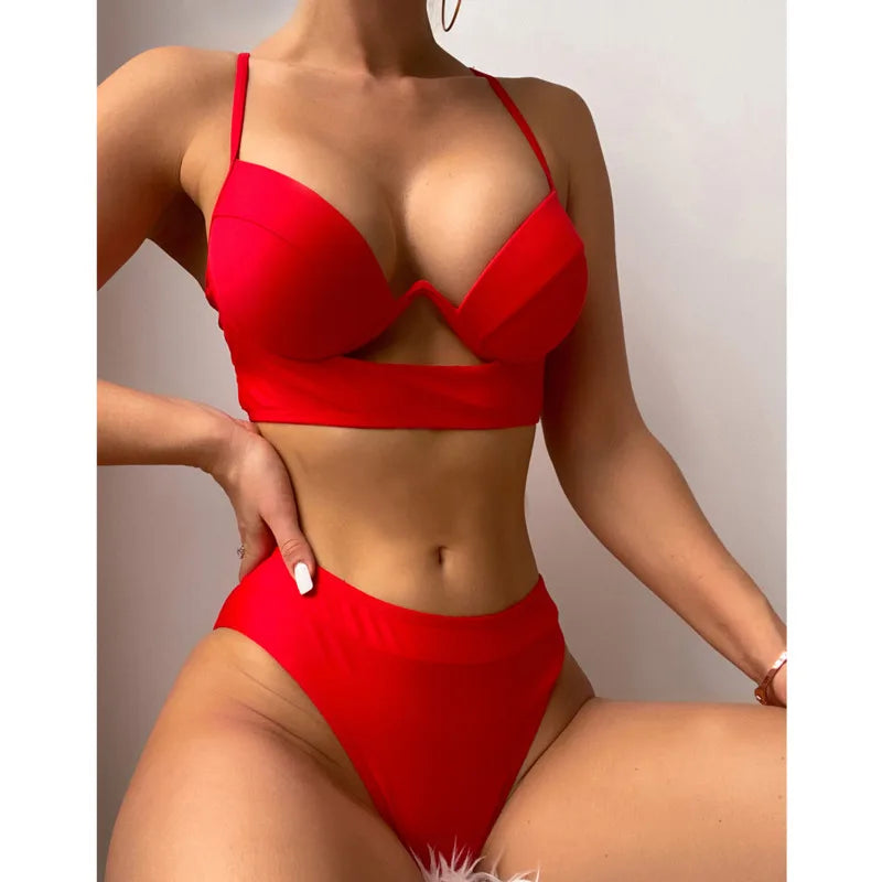 Red Solid Color Bikini Set — Women's Two-Piece Brazilian Swimsuit
