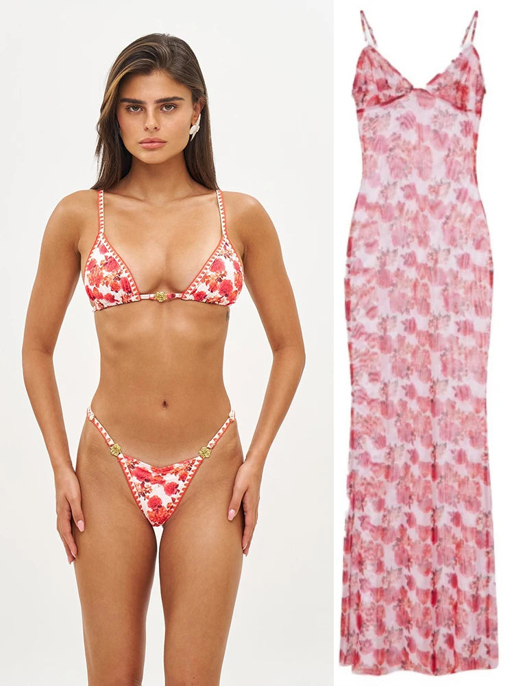 Long Dress Bikini Cover Up | Print Mesh Swimwear, Sexy Floral, Bandage Detail, S-XL
