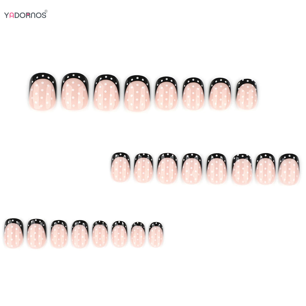 French Press-On Nails – 24-Piece Short Round False Nail Tips, Black & White Polka Dot & Nude Designs, 4 Styles