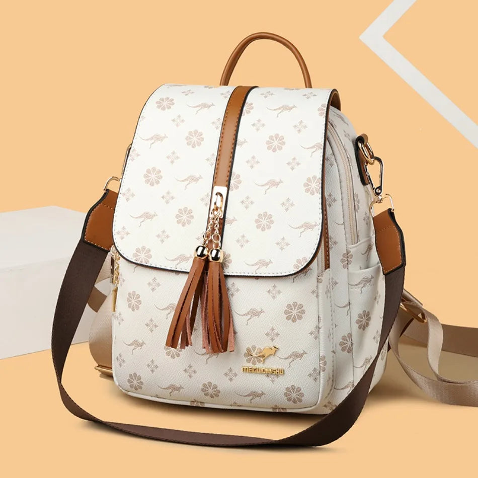 Women's Luxury Leather Backpack – Vintage Print Tassel Fashion Bag
