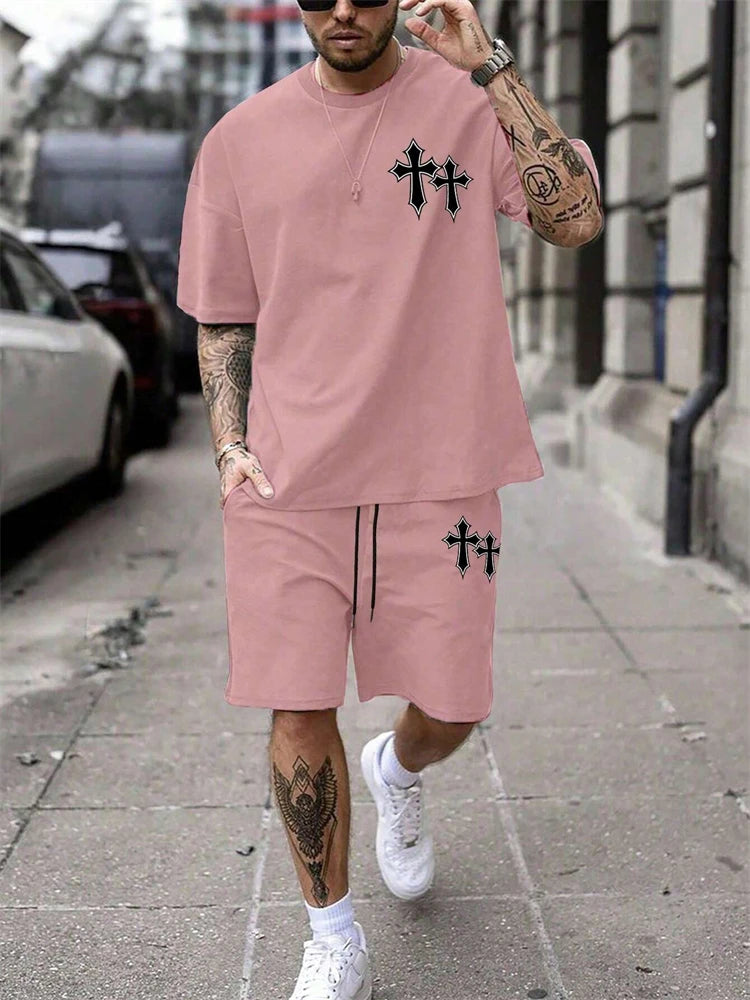Men's Cross Print Short Sleeve T-Shirt & Shorts Set – Casual 2-Piece