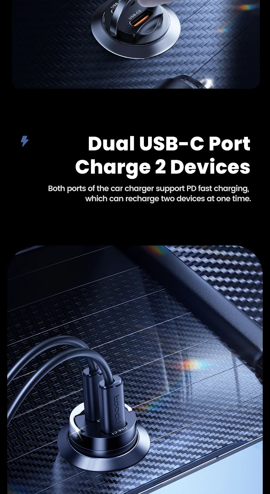 Toocki 45W Mini PD Car Charger — Fast Charging USB-C for iPhone & Samsung