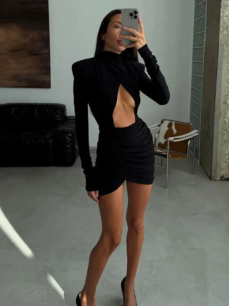 Waist-Cinching Blazer Mini Dress — V-Neck Full Sleeve Slim Office Dress
