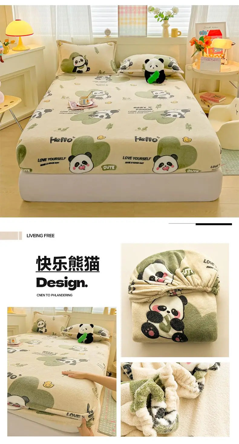 Flannel Fleece Fitted Bed Sheet – Warm Cartoon Purple, Elastic Single to King, Winter Bedsheet
