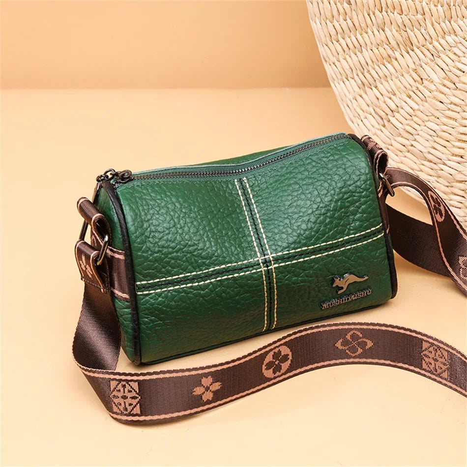 Luxury Genuine Leather Barrel Crossbody Bag – Sequin Shoulder Messenger Bag for Women