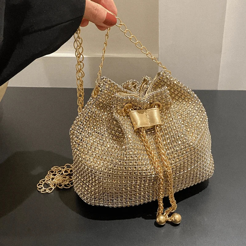 Rhinestone Drawstring Crossbody Bucket Bag – Formal Handbag for Women
