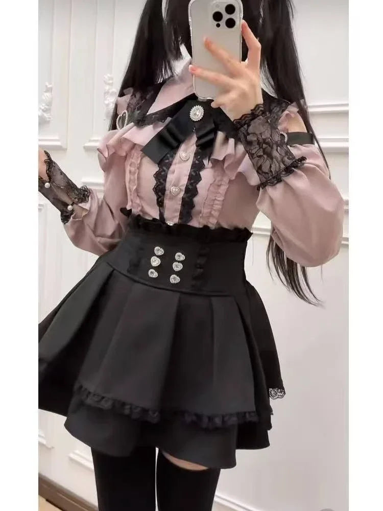 Japanese Gothic Lolita Mini Dress — Harajuku Y2K Bow Lace Ruffle Party Dress