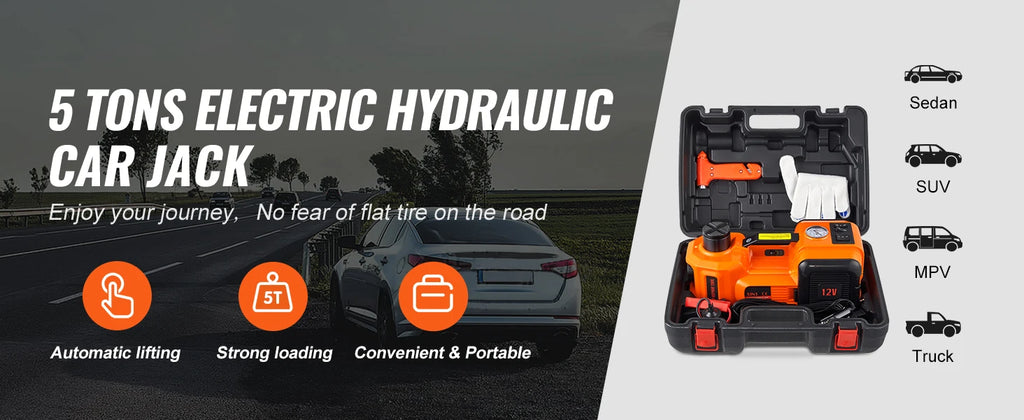 SucceBuy 5-Ton Electric Hydraulic Car Jack — Built-In Tire Inflator, LED Light, 13ft Cord for SUV, Truck & Car
