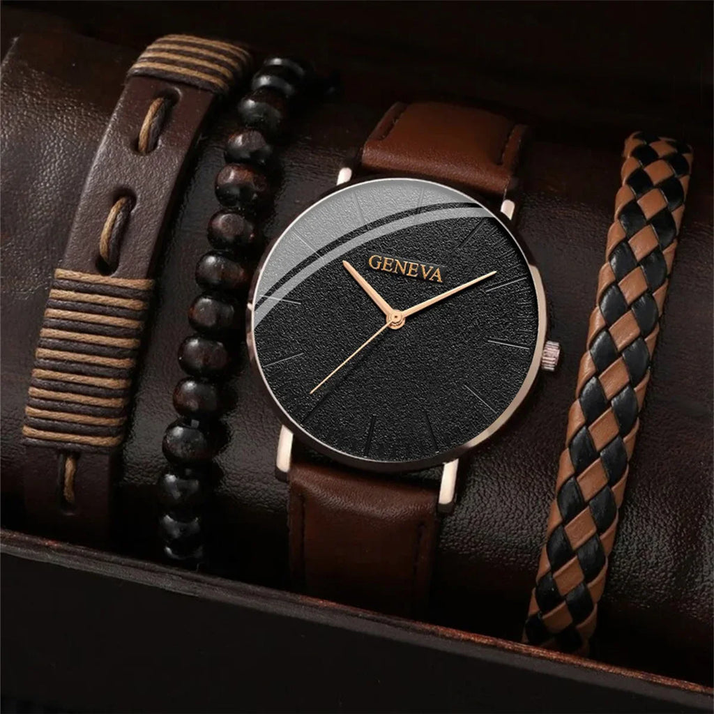 Men's Fashion Leather Quartz Watch & Bracelet Gift Set | Business Brown Wristwatch