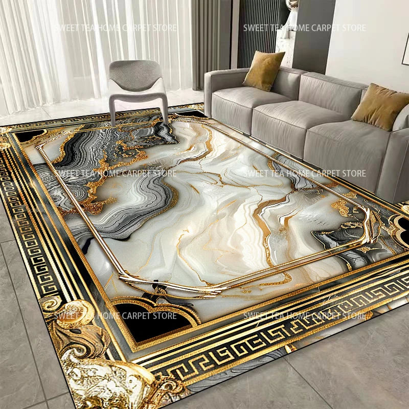 Modern Golden Frame Luxury Carpet – Washable Large Area Rug for Living Room & Bedroom