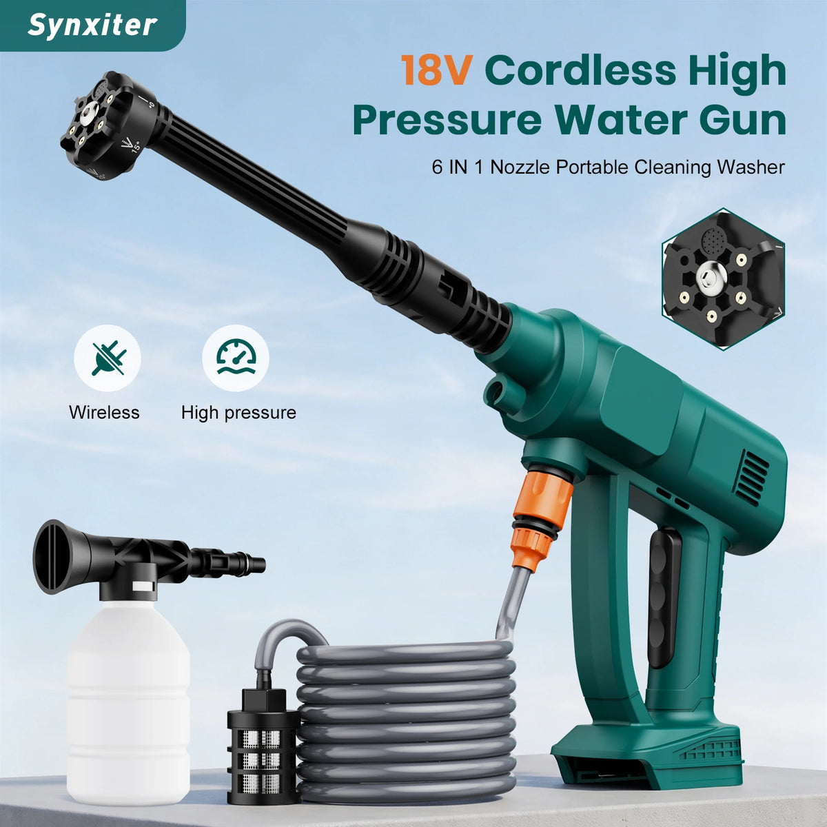 500W Cordless High-Pressure Car Washer Gun – 60 Bar, 6–10m Reach, Makita 18V Compatible, 6-in-1 Nozzle (No Battery)