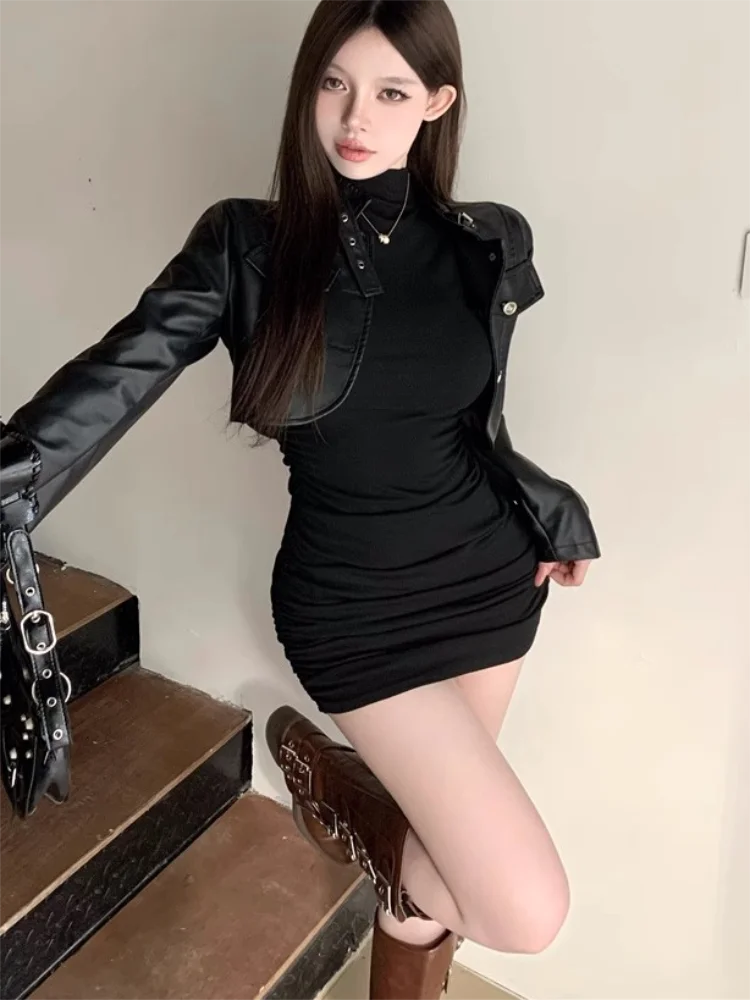 High Collar Pleated Bodycon Mini Dress — Slim Fit Party Dress for Women
