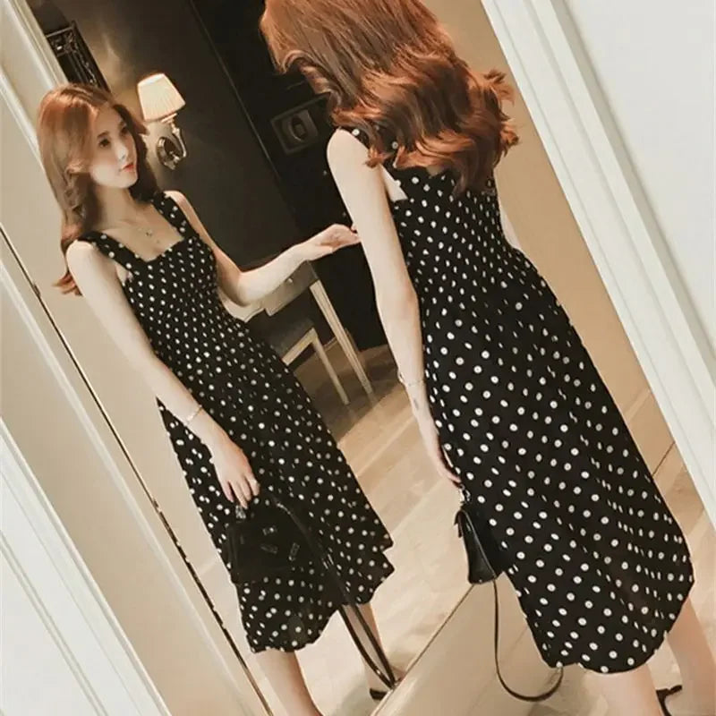Polka Dot Square Neck Chiffon Maxi Dress — Sleeveless Elegant Long Dress