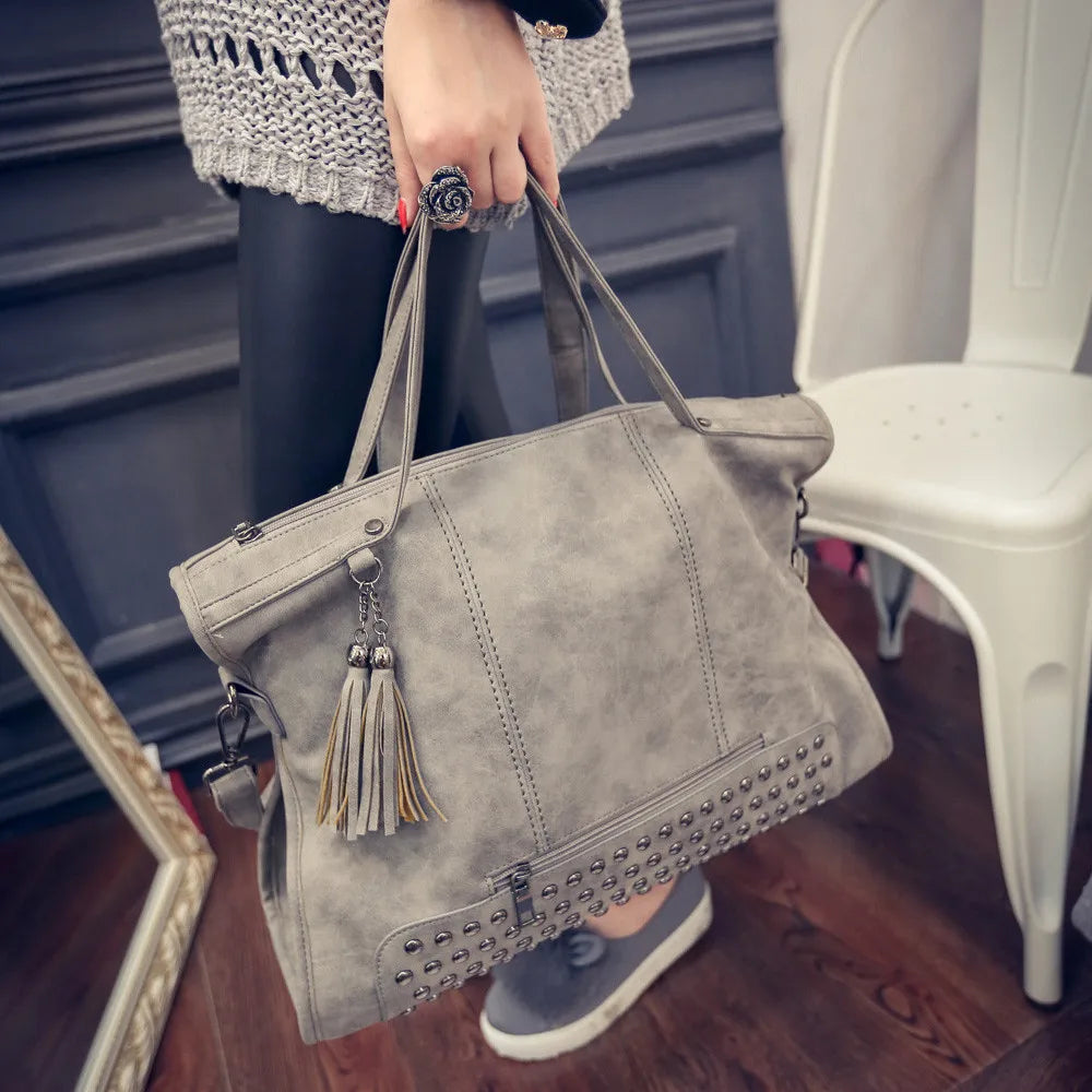 Luxury Matte Faux Suede Large Tote Bag – Vintage Rivet Tassel Handbag for Women