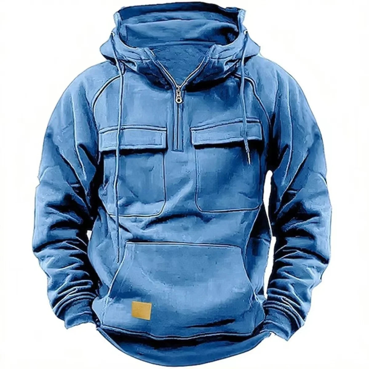 Men's Multi-Pocket Patch Hoodie Pullover — Casual Solid Color Hooded Shirt