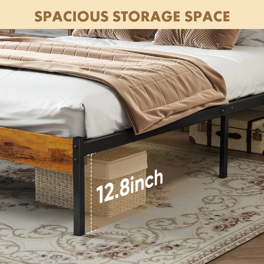 MCQ Metal Platform Bed Frame with Wooden Headboard — 700LBS