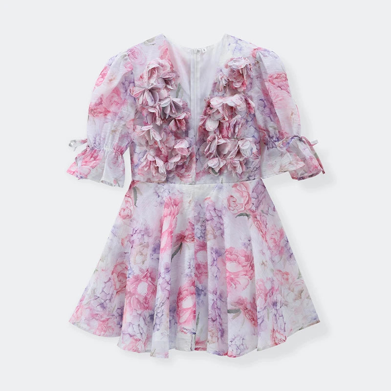 Tie-Dye 3D Flower Mini Dress — Deep V-Neck Flare Sleeve Holiday Dress