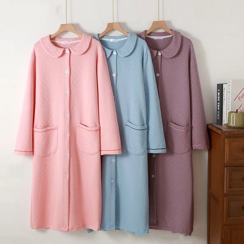 Women's Warm Cotton-Filled Bathrobe | Long-Sleeve Quilted Dressing Gown