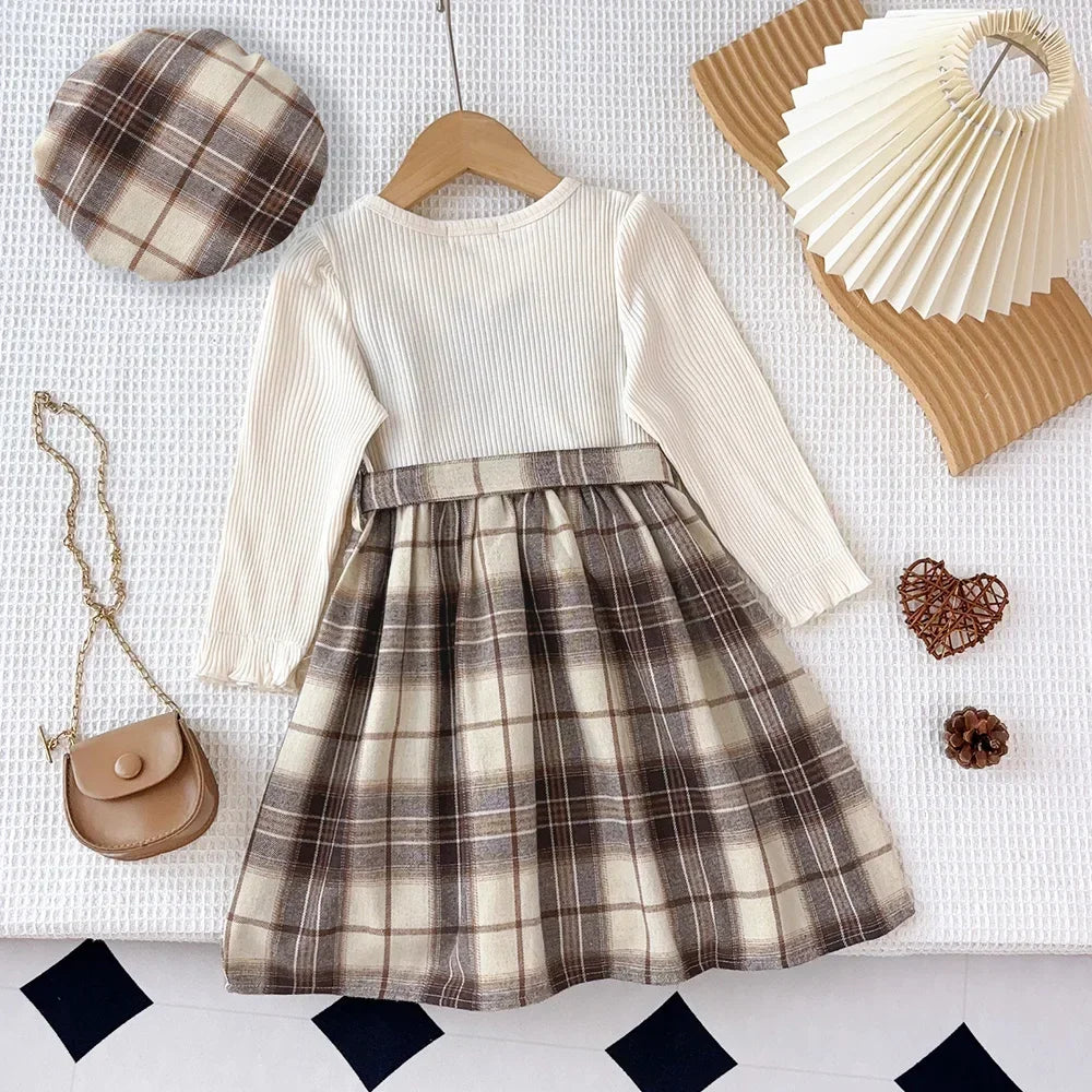 Korean Plaid Girls Casual Dress Set — Long Sleeve Shirt with Belt & Hat (3–7 Years)