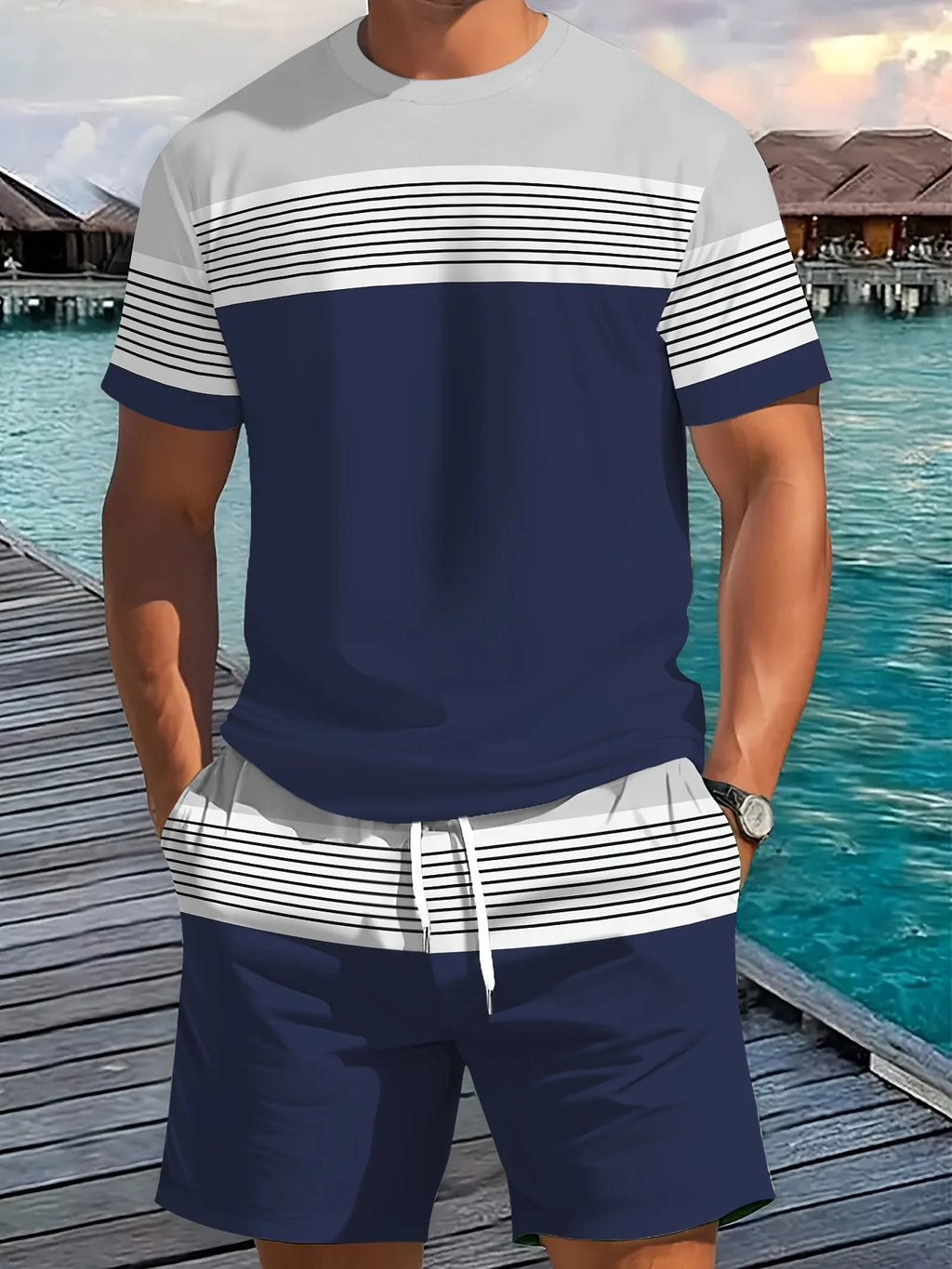 Men's Striped Short Sleeve T-Shirt & Drawstring Shorts Outdoor Travel Set