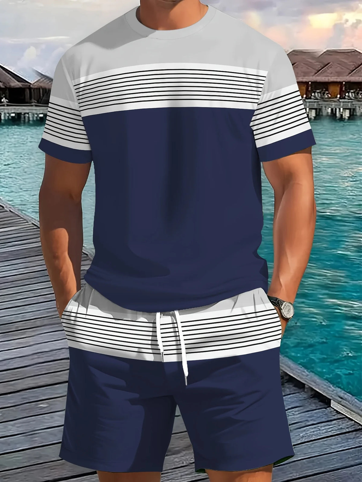 Men's Striped Short Sleeve T-Shirt & Drawstring Shorts Outdoor Travel Set