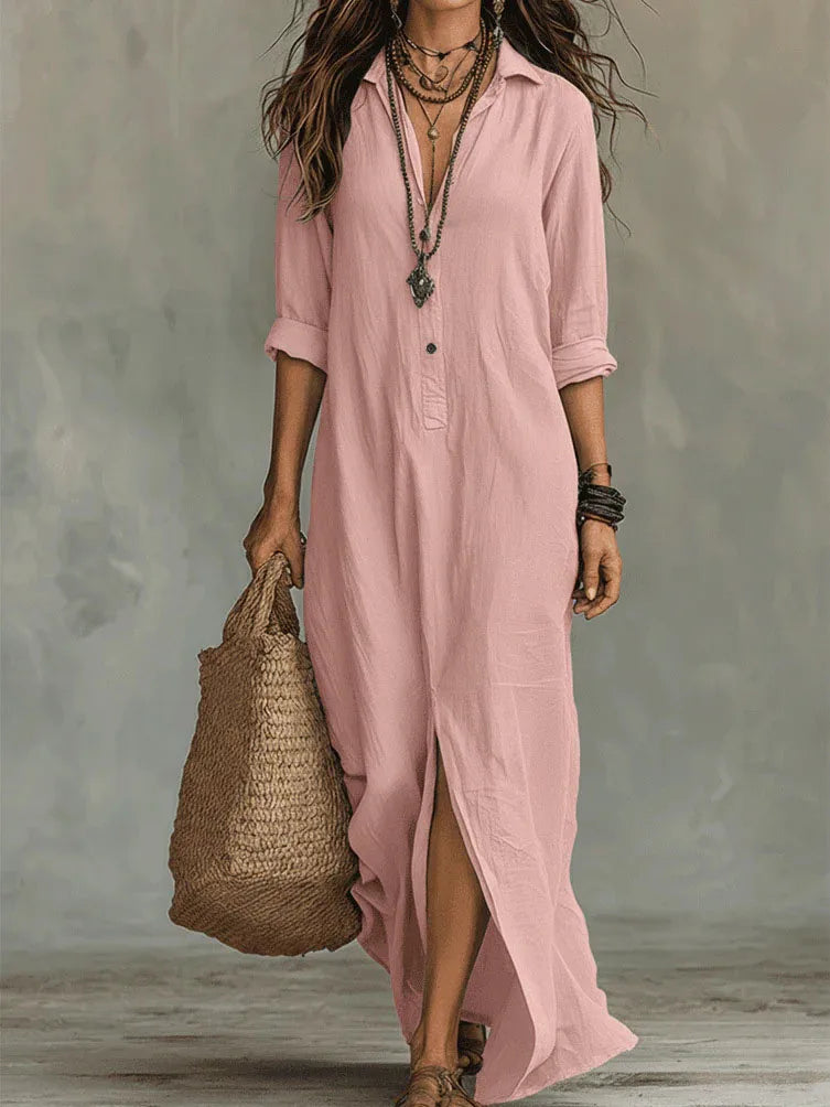 Women's Casual Long Sleeve Loose Maxi Dress – Solid Color Turn-Down Collar Beach & Elegant Dress
