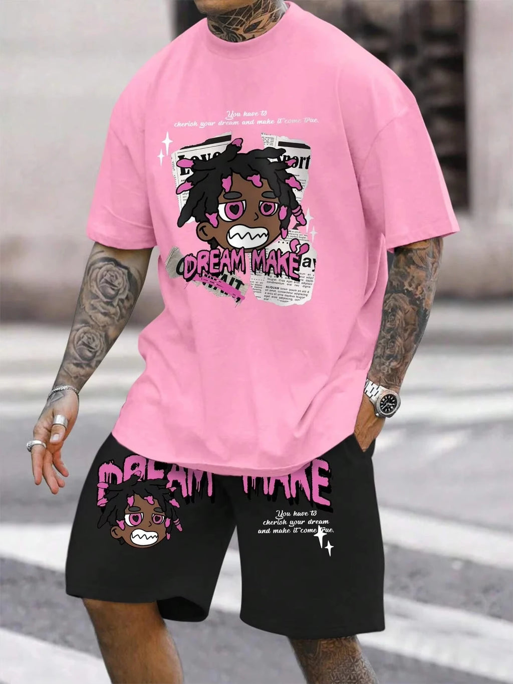 Men's Cartoon & Letter Print Crewneck T-Shirt & Elastic Shorts Set