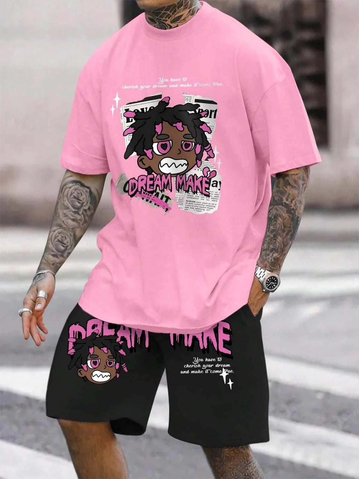 Men's Cartoon & Letter Print Crewneck T-Shirt & Elastic Shorts Set