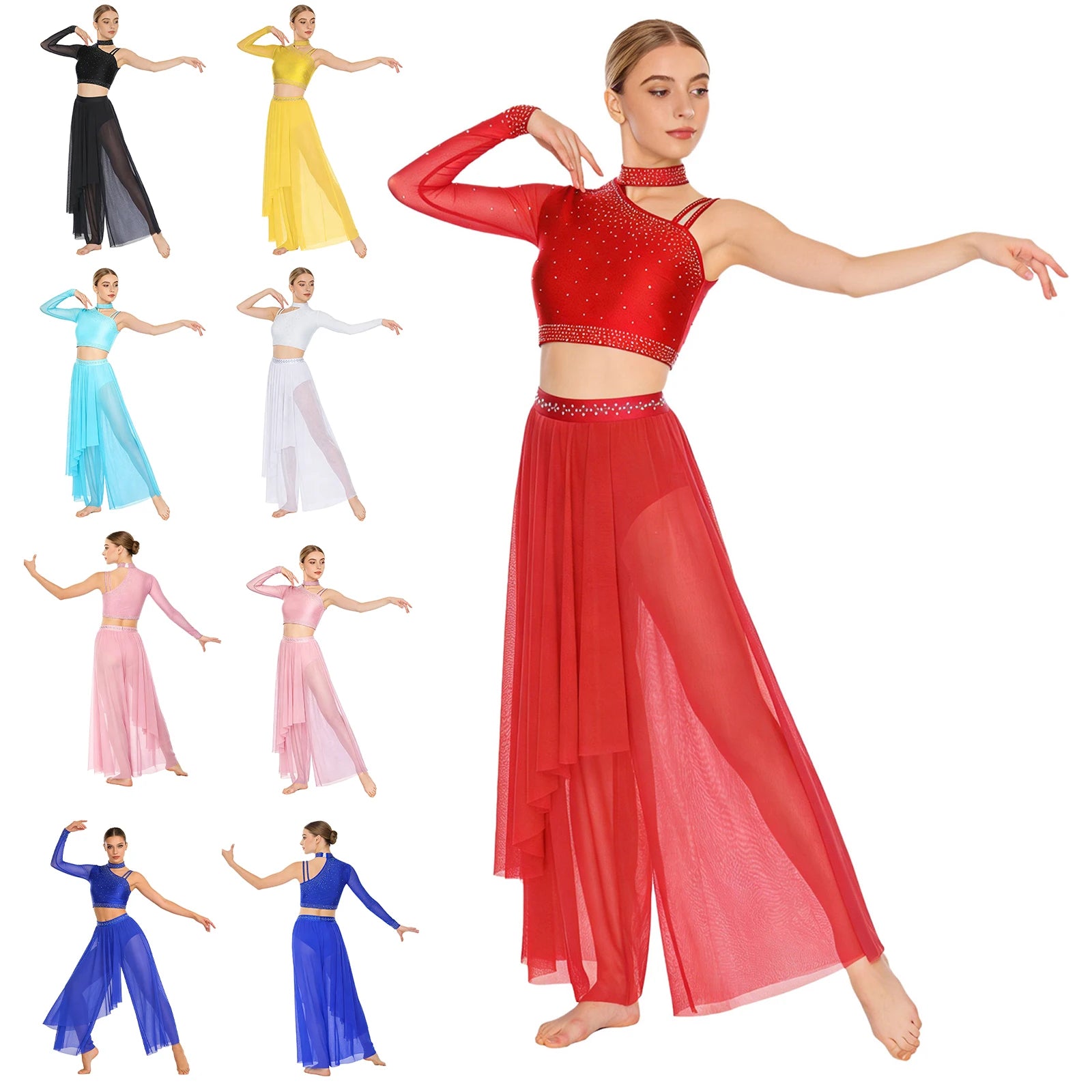 Women's Dance Performance Costume – Shiny Crop Top & Sheer Pants for Skating, Gymnastics & Ballet