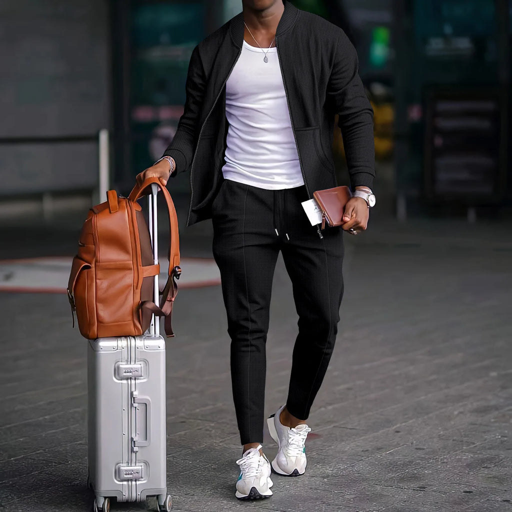 Men's Waffle Knit Baseball Jacket & Pants Set – Casual High Street Co-Ord