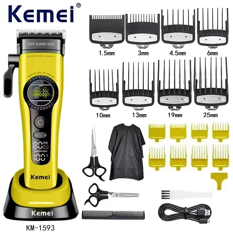 Kemei KM-1593 / KM-1595 Brushless Hair Clipper – DLC Blade, 8000 RPM, 200-Min Runtime, USB-C