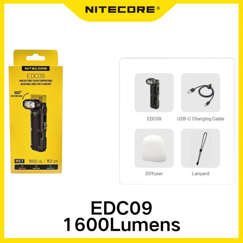 NITECORE EDC09 1600 Lumen USB-C Rechargeable Flashlight – Adjustable Angle Portable Work Light
