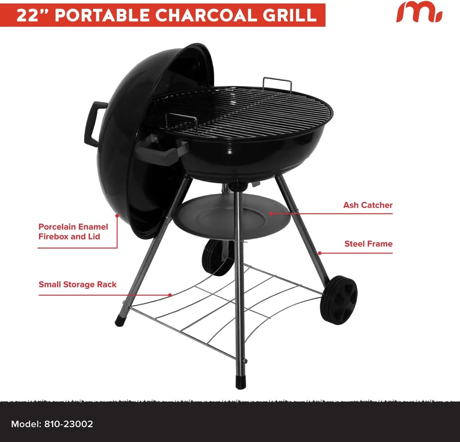 22-Inch Heavy Duty Charcoal Barbecue Grill | 354 Sq. In., Adjustable Air Vent, Portable for Camping & Outdoor Cooking