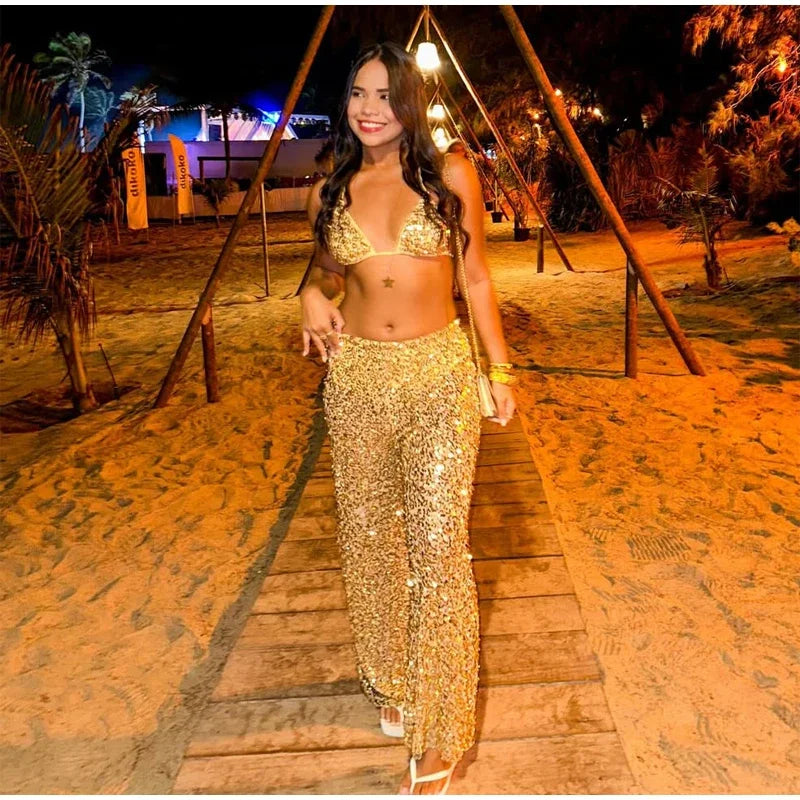 Sexy Sequin Bikini Pants 2-Piece Set | Off-Shoulder Halter, Sleeveless, Holiday Beach Outfit, S-L