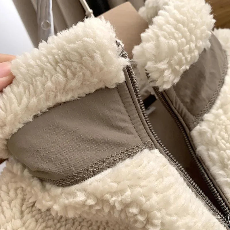 Japanese Fleece Zip Jacket – Unisex Loose Warm Lamb Wool Coat for Couples