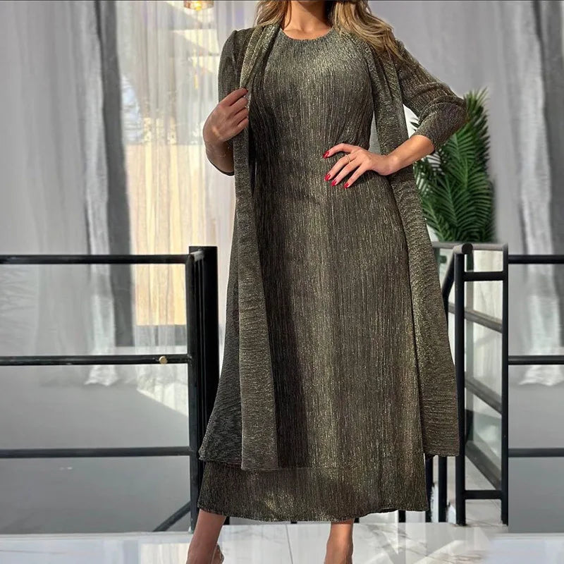 Metallic Pleated Two-Piece Long Dress Set — Casual Loose Ankle-Length Fashion Outfit