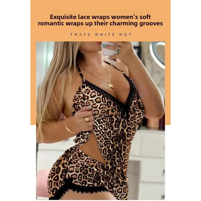 Leopard Lace Trim 2-Piece Pajama Lingerie Set