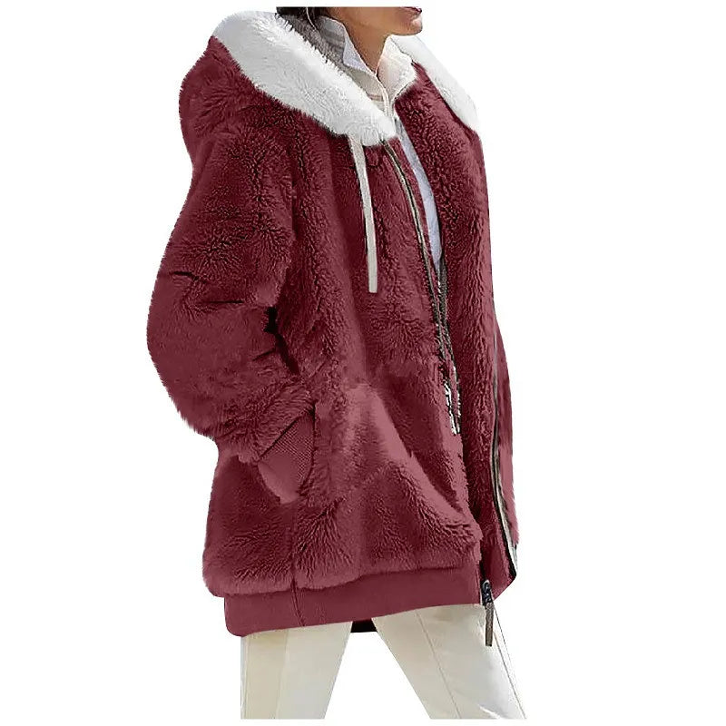 Women's Hooded Zip-Up Fleece Jacket – Loose Casual Solid Color Coat