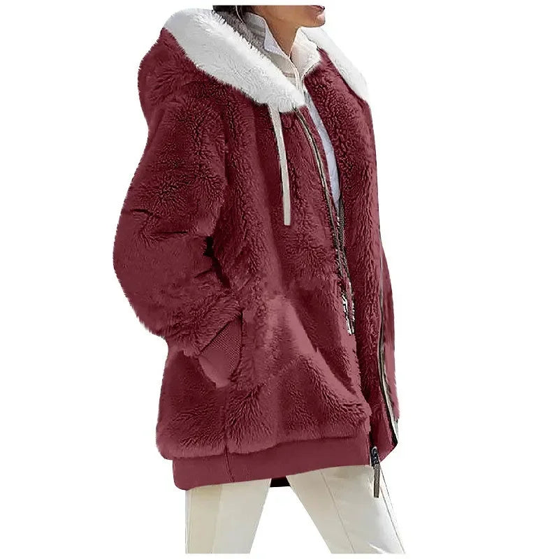 Women's Hooded Zip-Up Fleece Jacket – Loose Casual Solid Color Coat