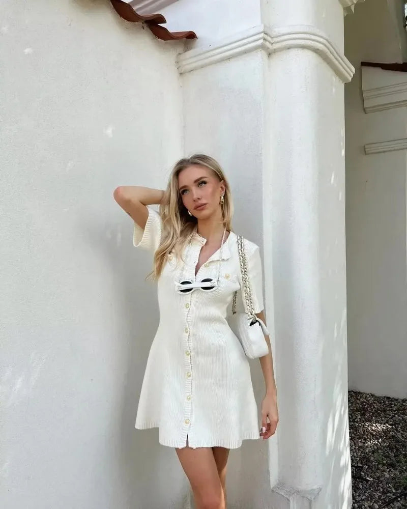 Elegant Knit Rib Mini Dress — High Waist Short Sleeve Bodycon Sweater Dress