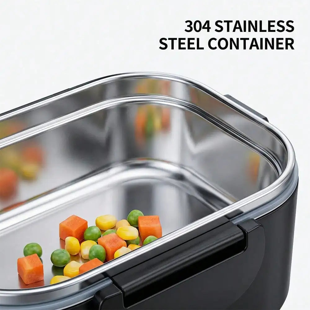 A close-up of a rectangular stainless steel container with a black base and lid, shown with mixed vegetables inside. Text in the upper right reads '304 STAINLESS STEEL CONTAINER'.