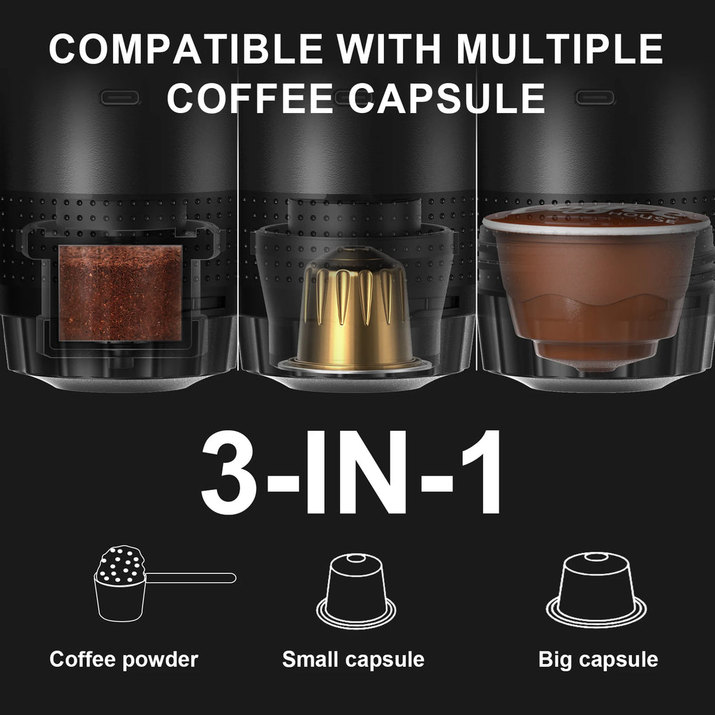 DENOKIN 3-in-1 Portable Espresso Coffee Machine — 20 Bar Pressure, USB-C Charging, Capsule & Ground Coffee Compatible for Travel, Car & Home