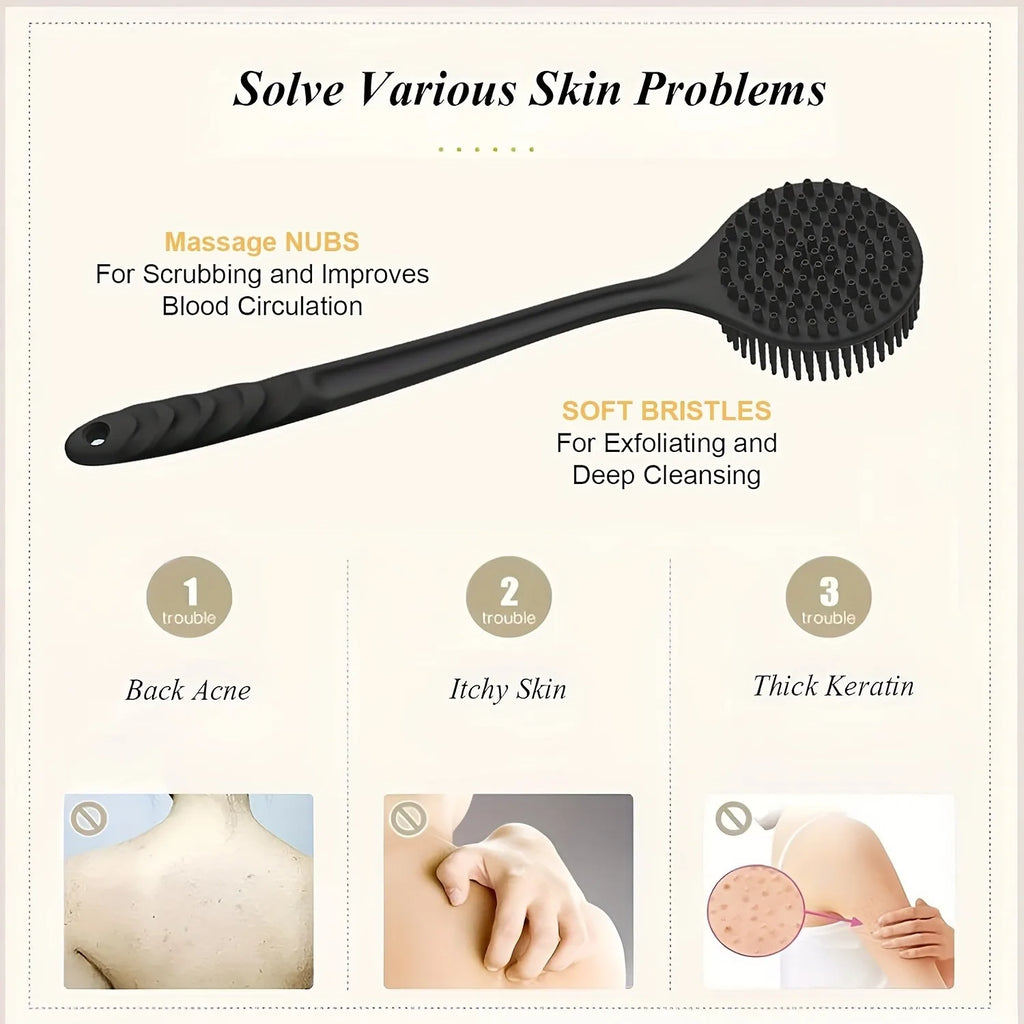 Soft-Bristle Long-Handle Bath Brush – Back Scrubber, Shower Massager & Body Exfoliator