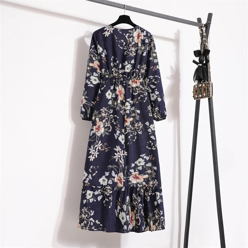 Women Long Dresses Spring Summer Casual Full Sleeve Floral geometry Printed O neck Woman Bohe Beach Party Dress Mujer Vestidos