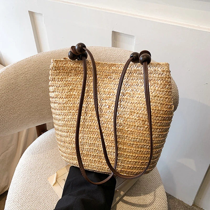 Handmade Straw Rattan Woven Tote Bag – Bohemian Beaded Summer Beach Shoulder Bag for Women