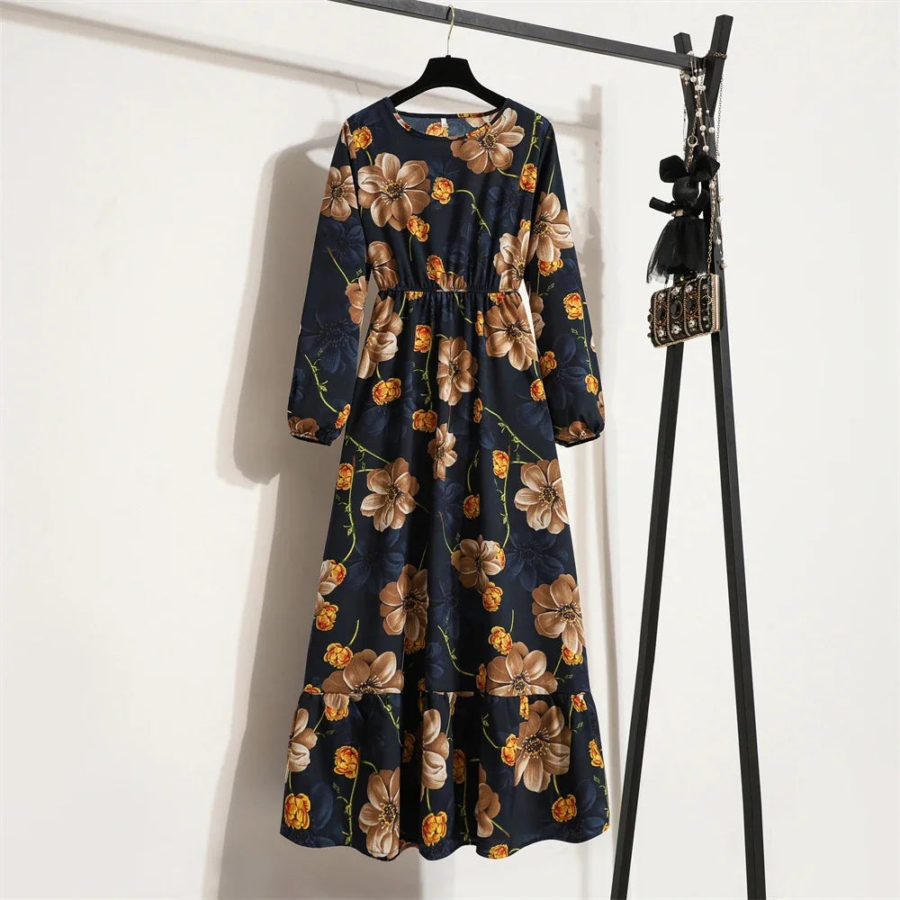 Full Sleeve Floral Geometry Print Boho Beach Party Dress — O-Neck Casual Maxi Dress