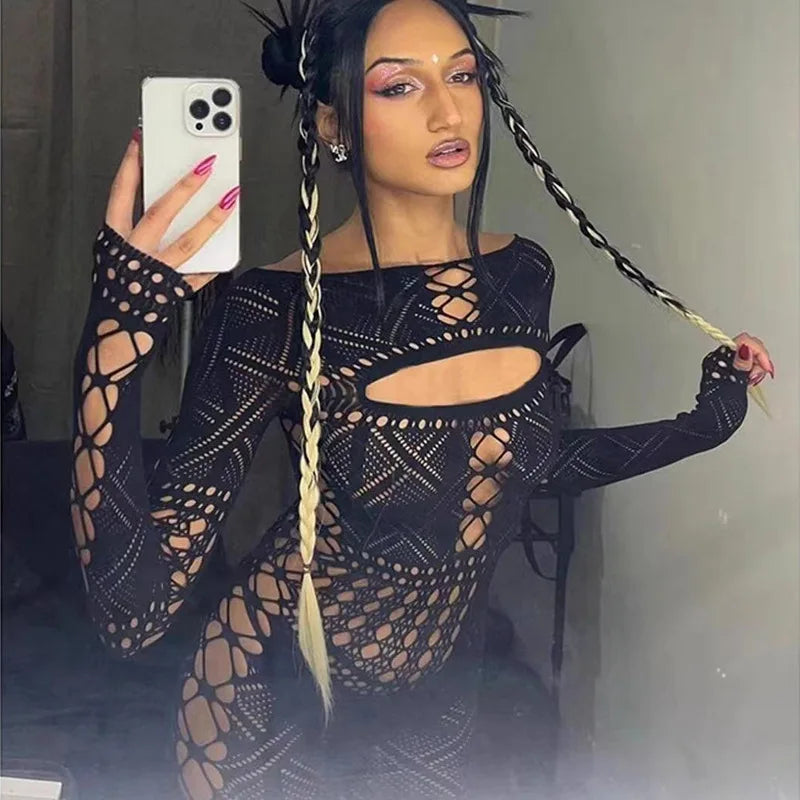 Women's Hollow Out Lace Bodycon Jumpsuit – Sexy Tight Lingerie Long Dress