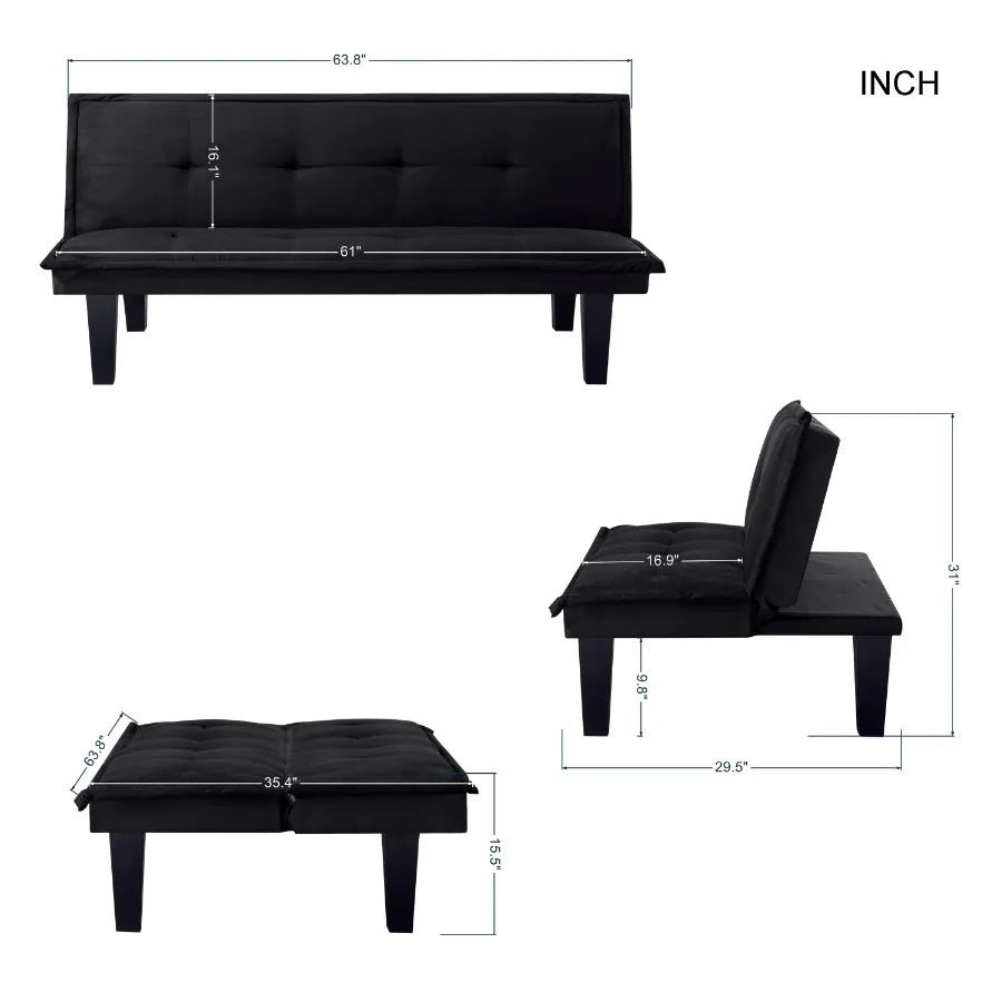 Gewnee 63.8" Futon Sofa Bed | Black Convertible Sleeper Couch, 3-Position Backrest, Faux Suede, Small Spaces